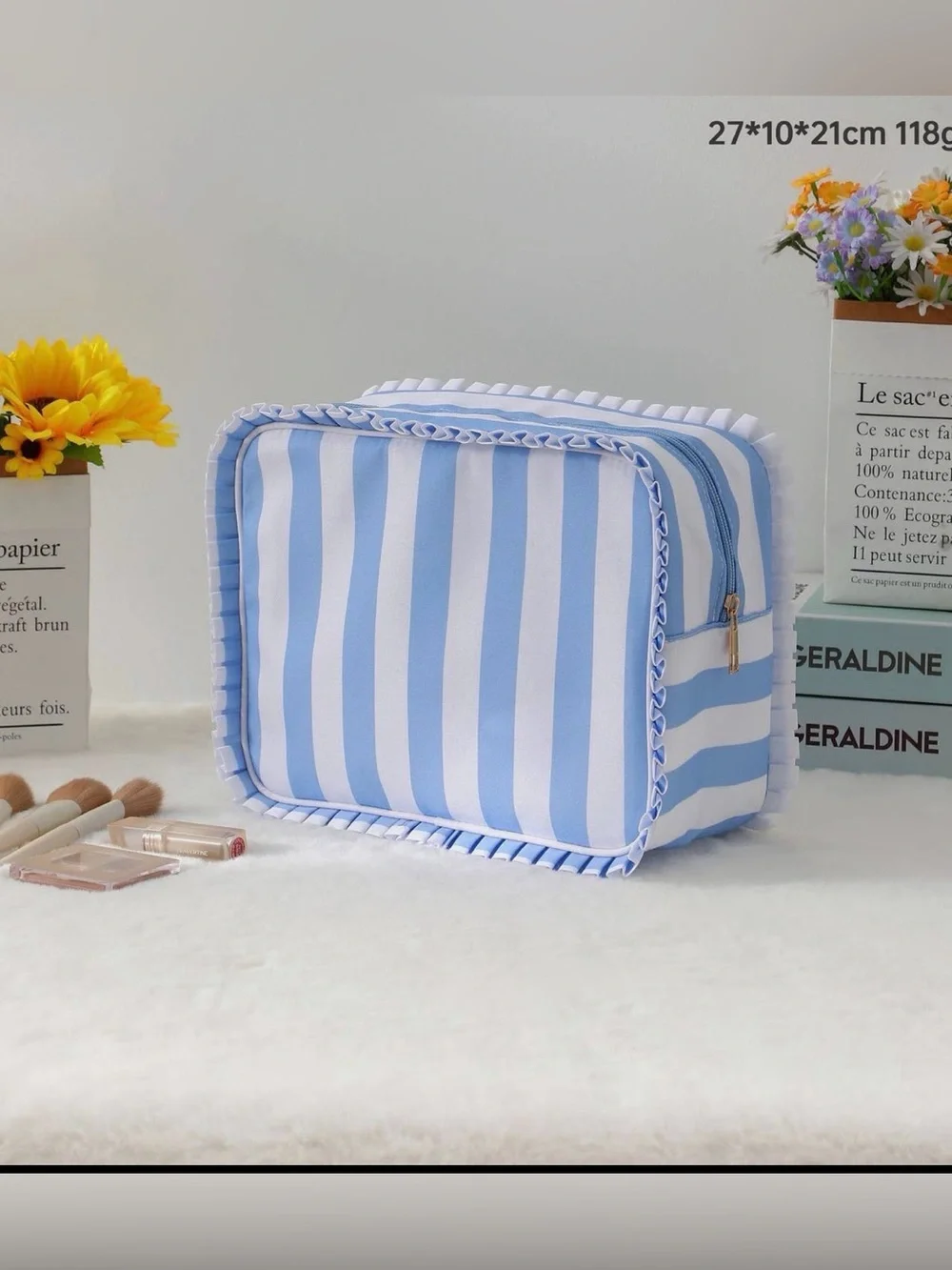Blue Ruffle Stripe Cosmetic Travel Pouch Bag
